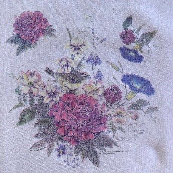 Botanical Bird Print Sweatshirt by Artist Cyndy Callog 1992 XL Pullover - Picture 2 of 7